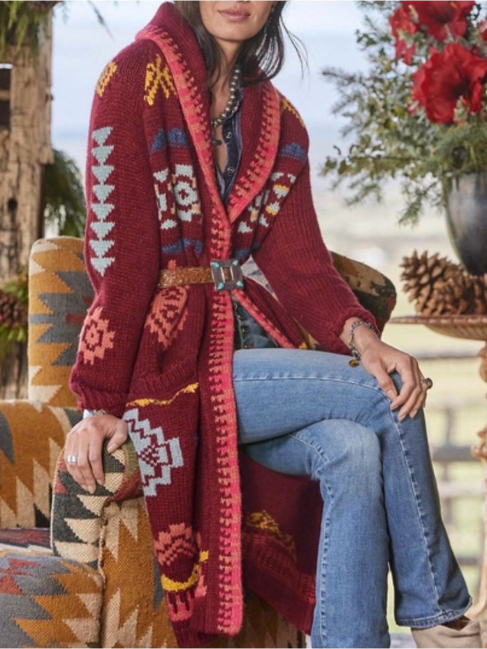 Sundance Tayen Sweater Coat in Rhubarbmlt Red Southwestern Bohemian Size PL